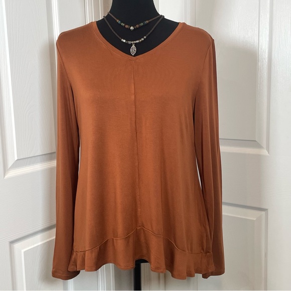 LOGO Rust Knit V-neck Long Sleeve Flared Hem Top M - Picture 2 of 8